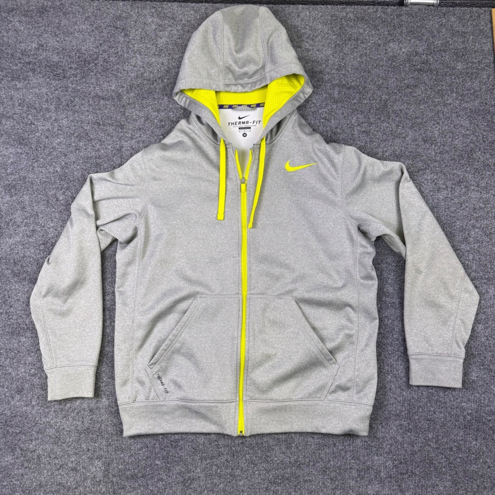 Nike Therma-FIT Mens Full Zip Hoodie Grey Neon Yellow Sweatshirt Medium